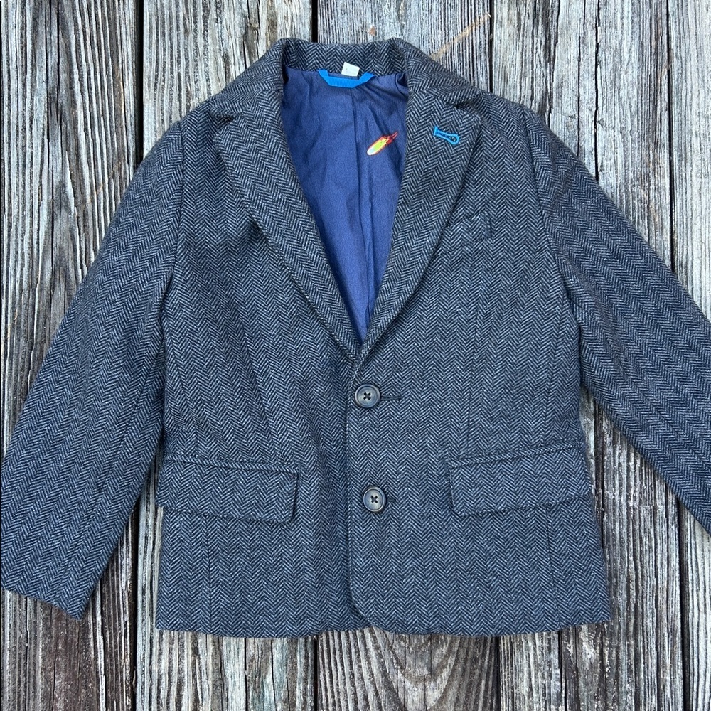Boden Boys Gray Herringbone Blazer Jacket Blue Lined Size 4 5  school pictures - Picture 2 of 7